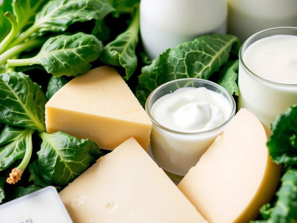 Gros plan sur des produits laitiers et des légumes verts riches en calcium
