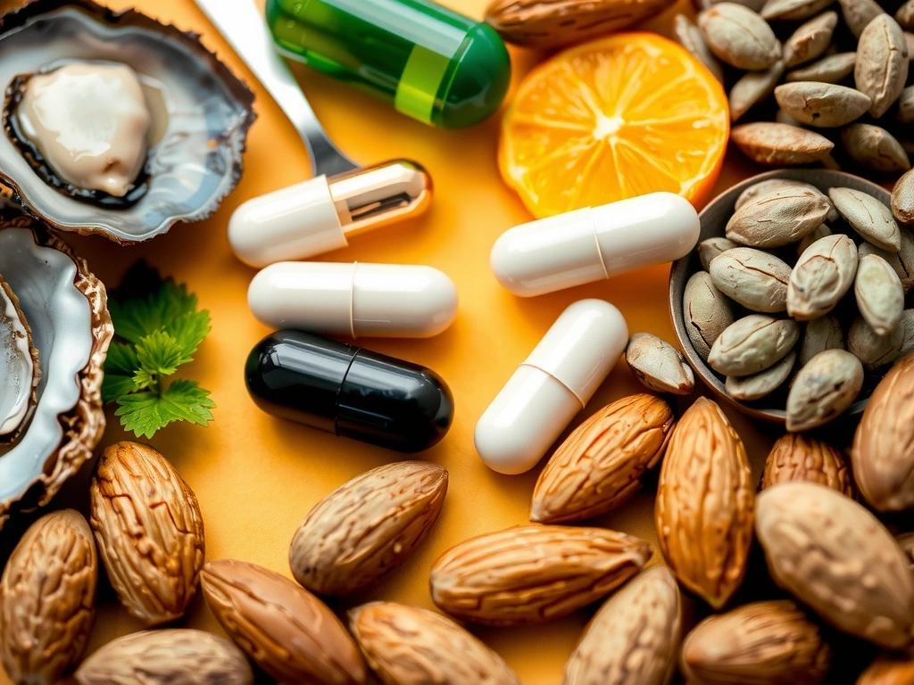 Assortiment de noix, graines, légumes verts et huiles végétales riches en vitamine E